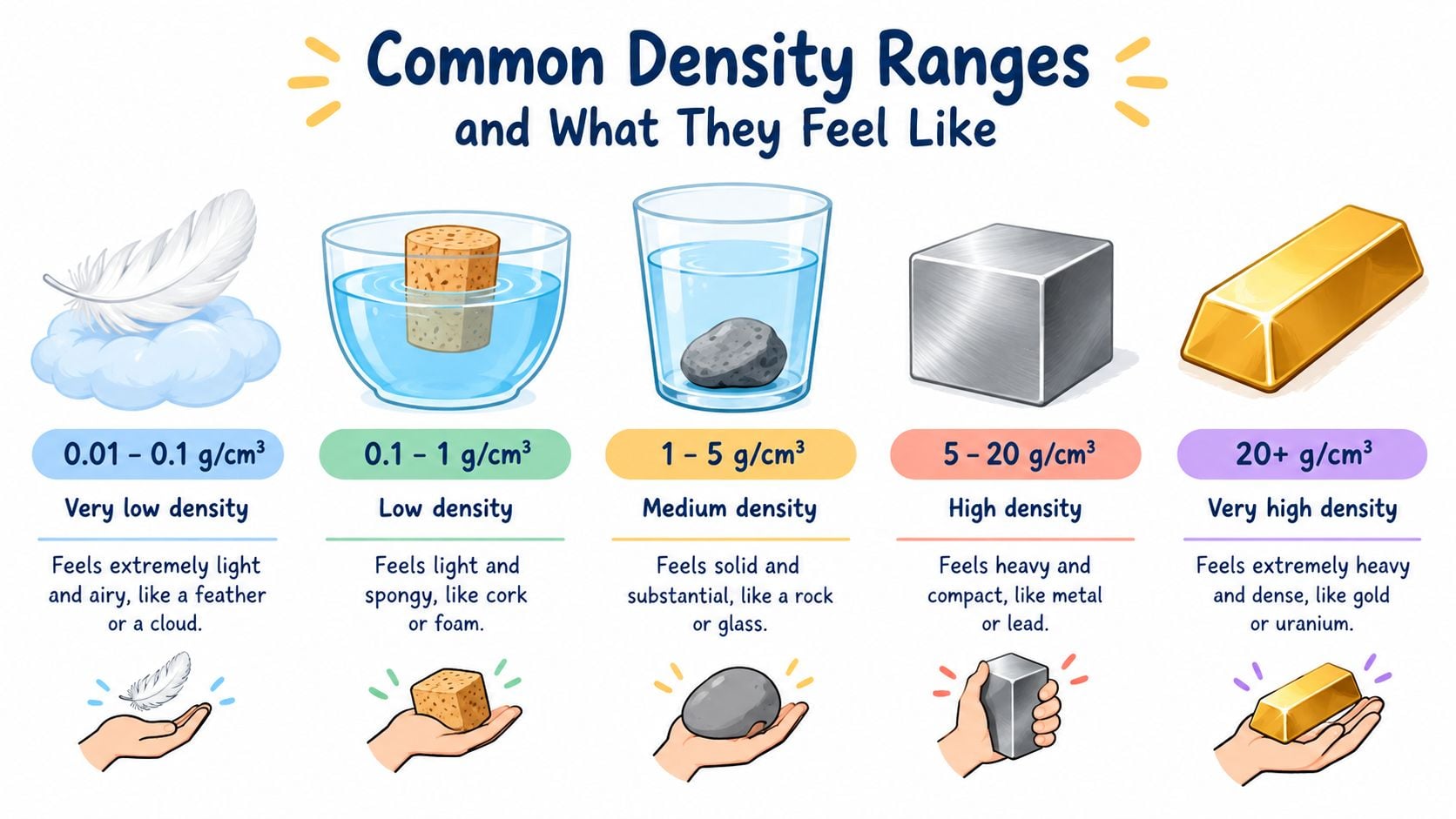 An educational infographic illustrating five categories of material density ranging from very low to very high.