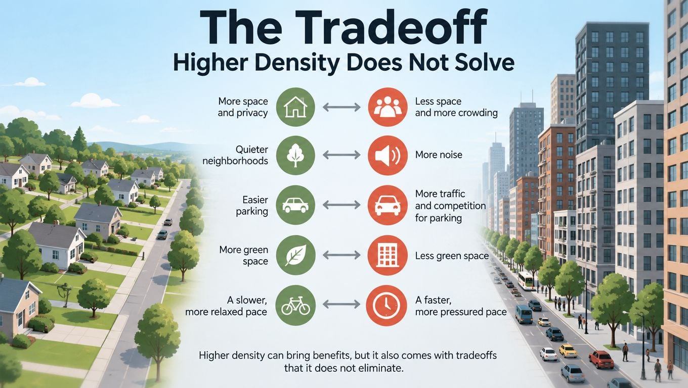 A diagram contrasting suburban low-density living with urban high-density living by listing various trade-offs and quality-of-life impacts.
