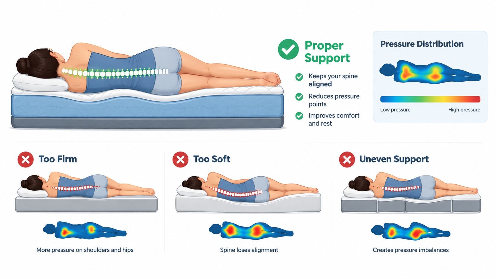 An infographic illustrating how different mattress support levels affect spine alignment and pressure distribution while sleeping.