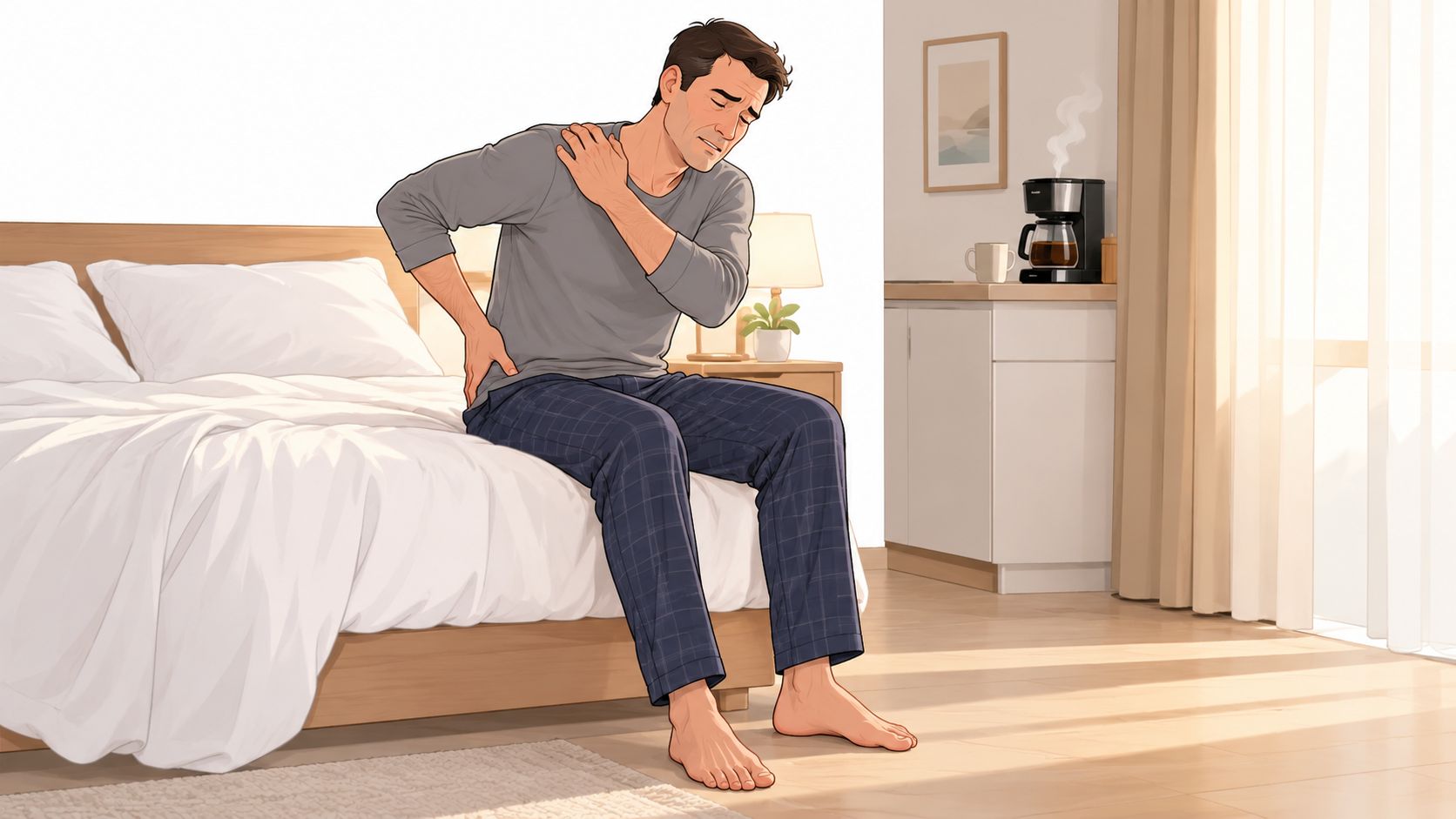 A man sitting on the edge of a bed in pain, holding his lower back and shoulder.