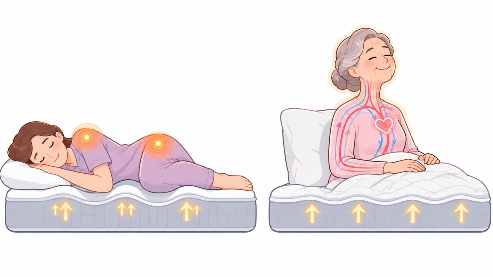 A split illustration showing a woman on a pressure relief mattress demonstrating support and comfort.