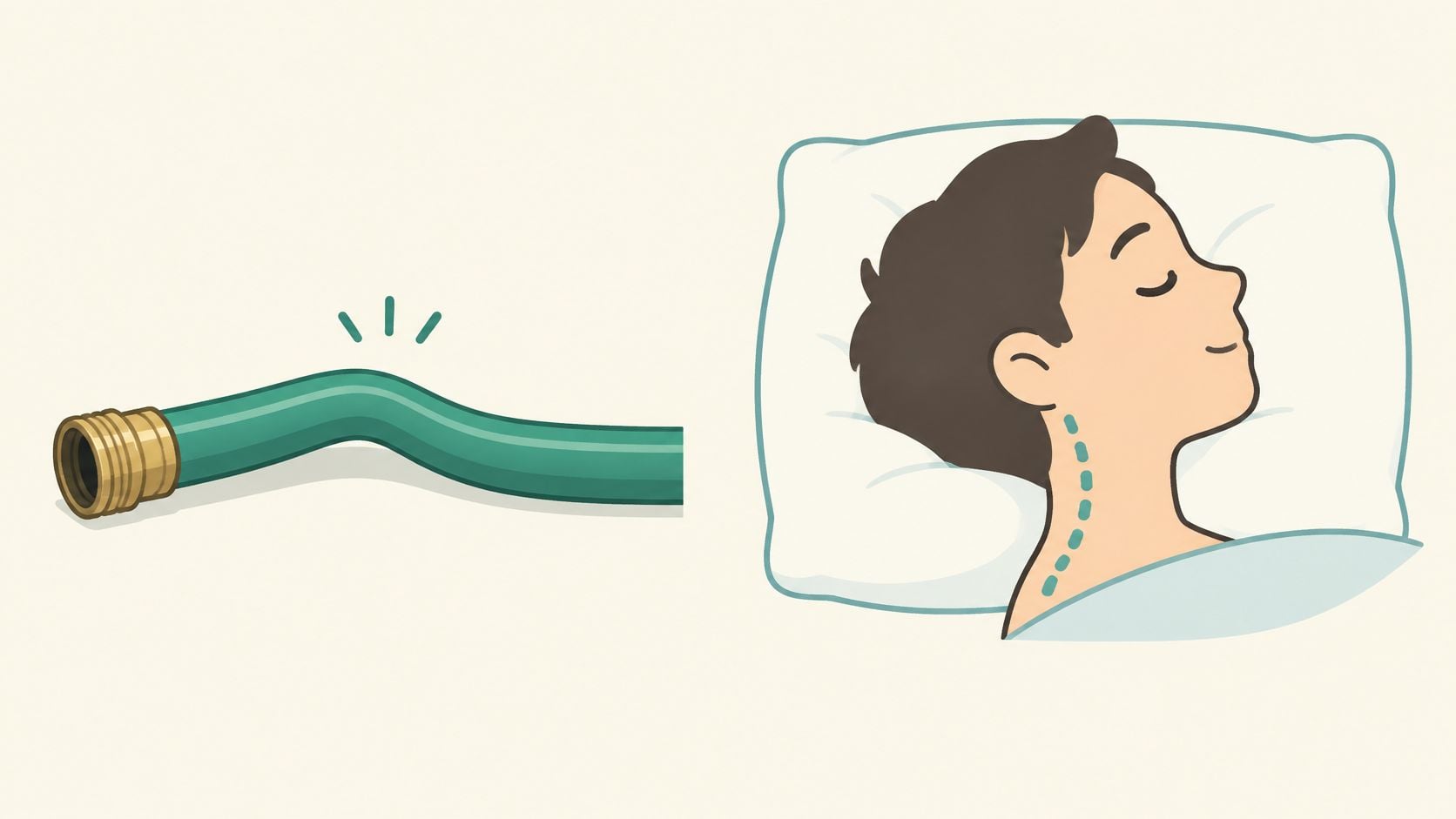 A side-by-side comparison showing a kinked garden hose and a person sleeping with proper neck alignment.