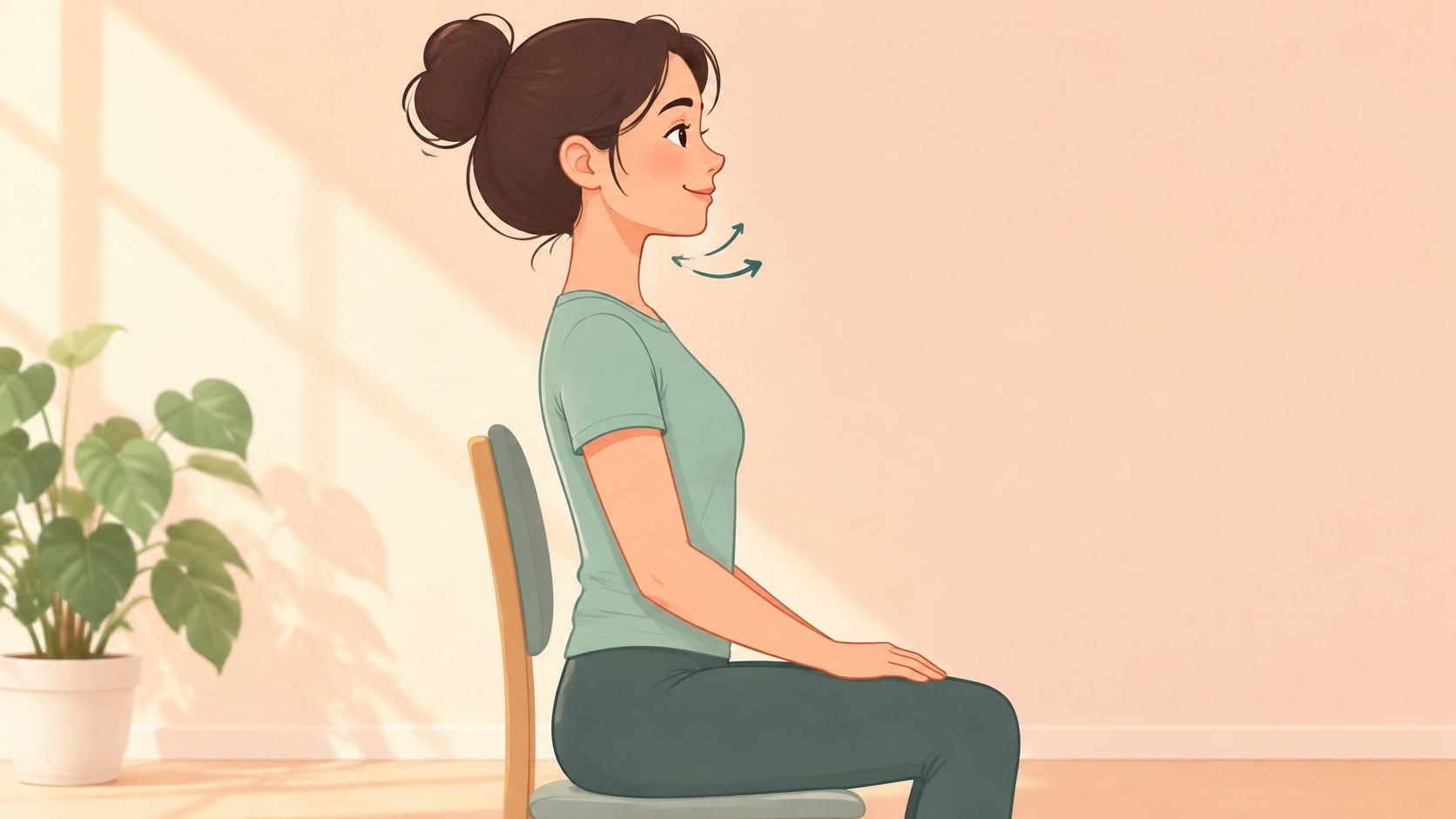 A woman with a bun sits upright on a chair, demonstrating correct head posture.
