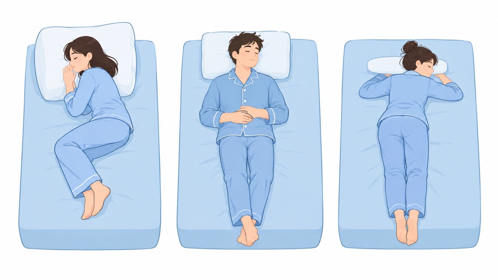 A digital illustration showing three people sleeping on beds in side, back, and stomach positions for posture.