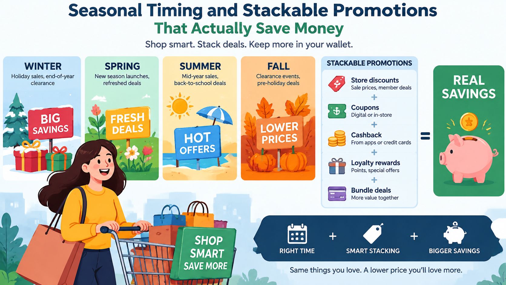 A woman shopping with a cart, illustrating seasonal timing and stacking promotions for maximum financial savings.