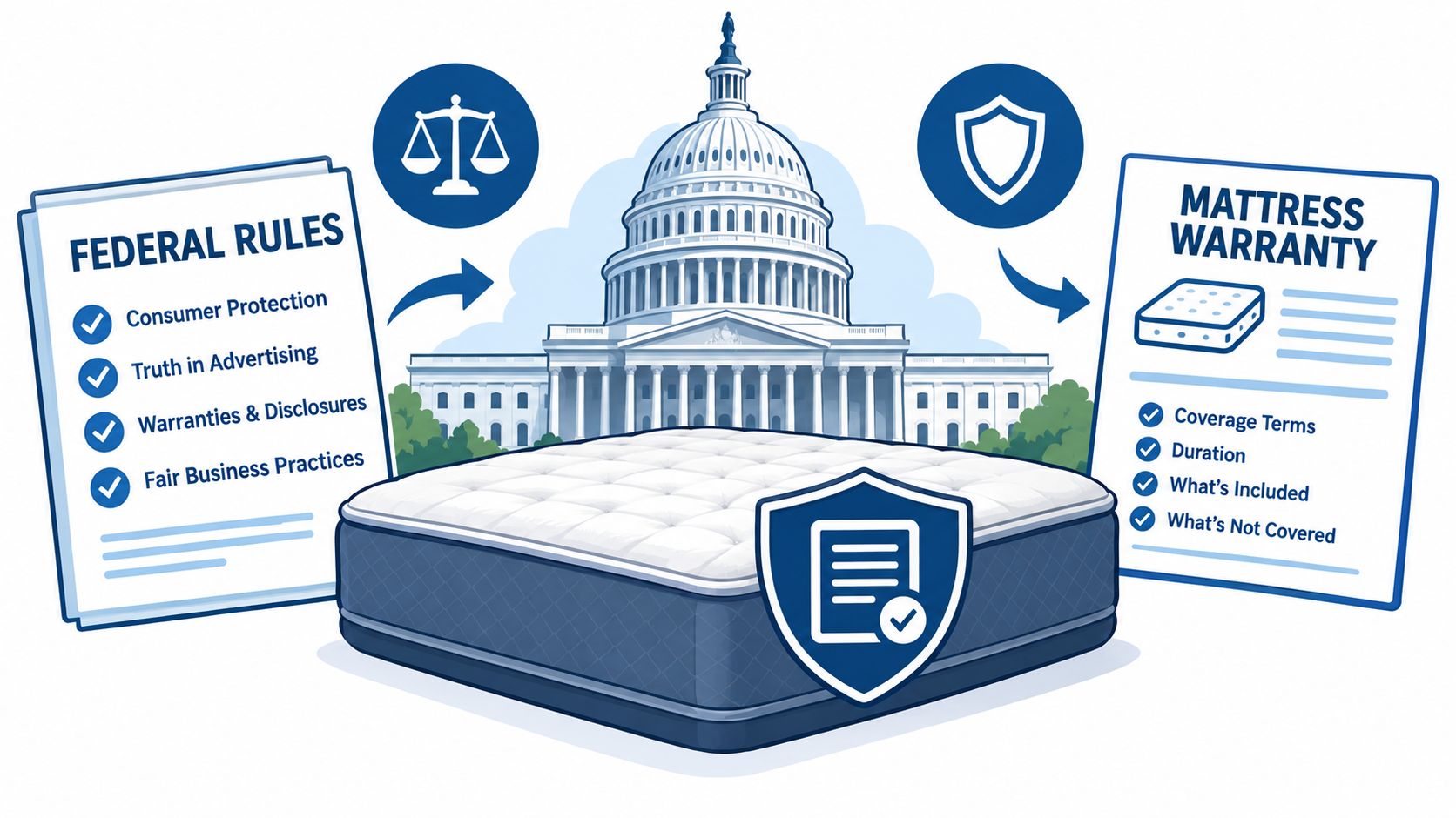 A diagram illustrating US federal regulations governing consumer protection, truth in advertising, and mattress warranty terms.
