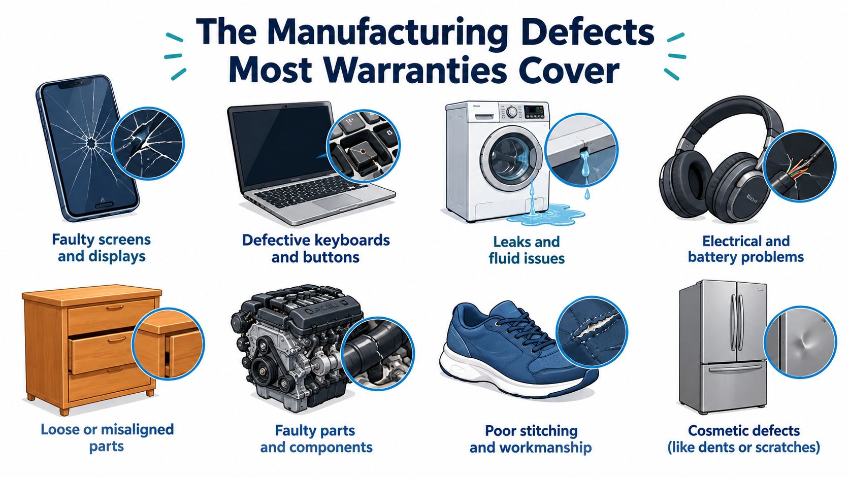 An infographic showing common manufacturing defects in various products like electronics, furniture, vehicle engines, and apparel.