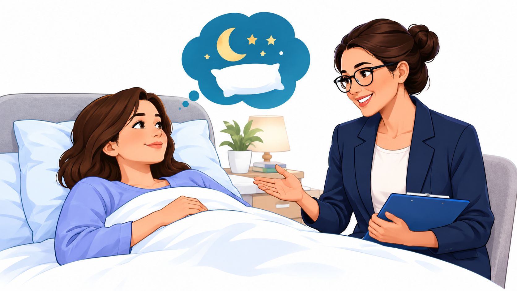 A woman lying in bed talking to a therapist holding a clipboard about sleep-related health concerns.
