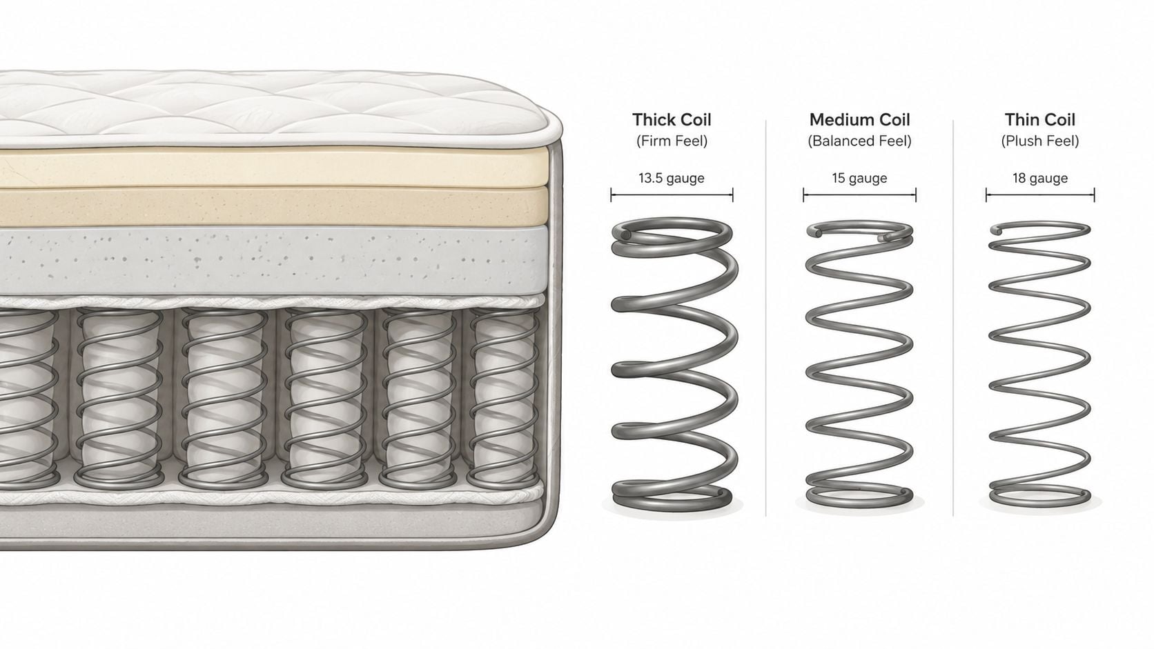 A cross-section illustration of an innerspring mattress showing different coil gauges and their corresponding comfort feels.