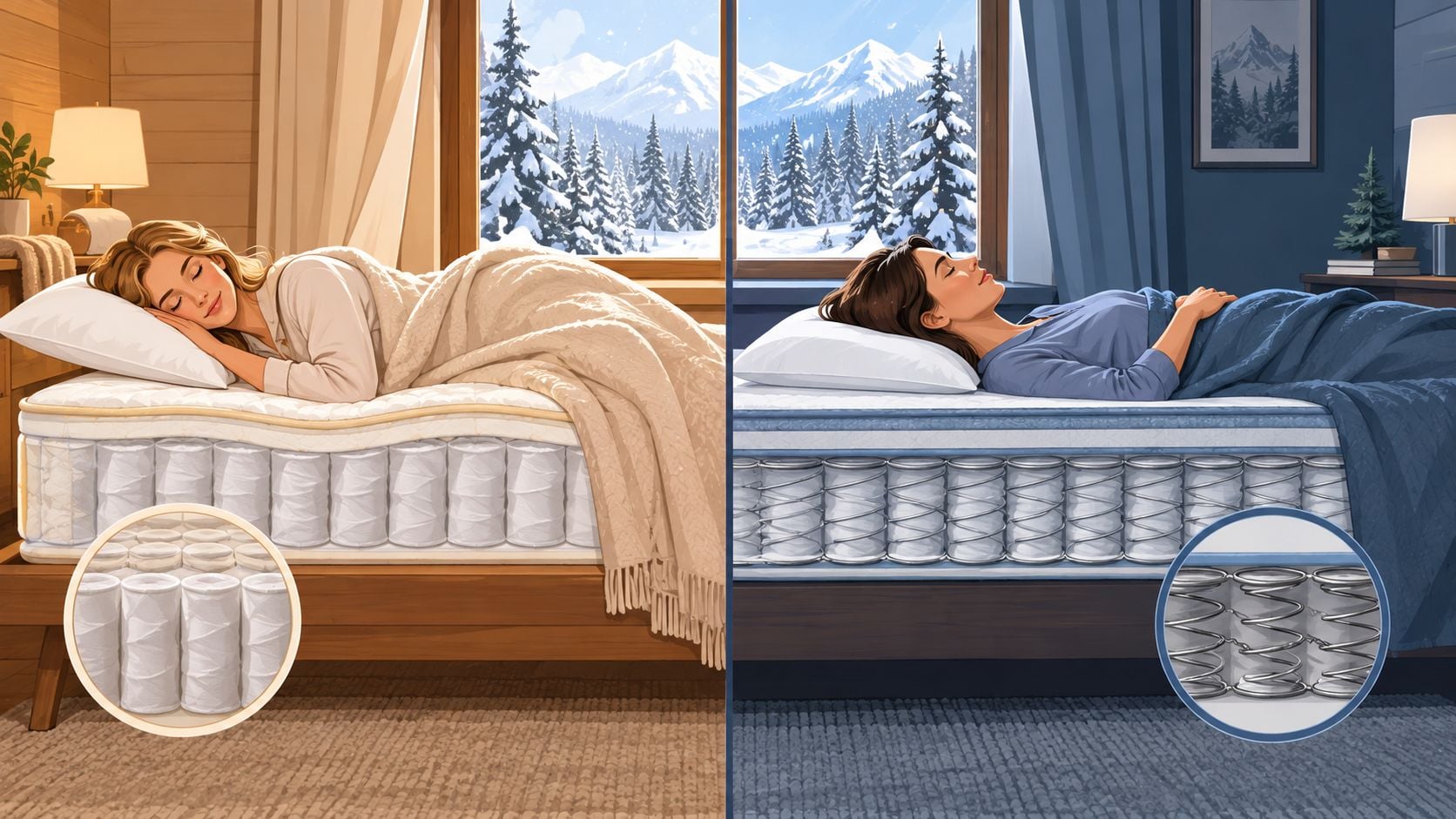 A split-screen comparison showing an innerspring mattress construction with wrapped coils versus traditional interconnected metal springs.