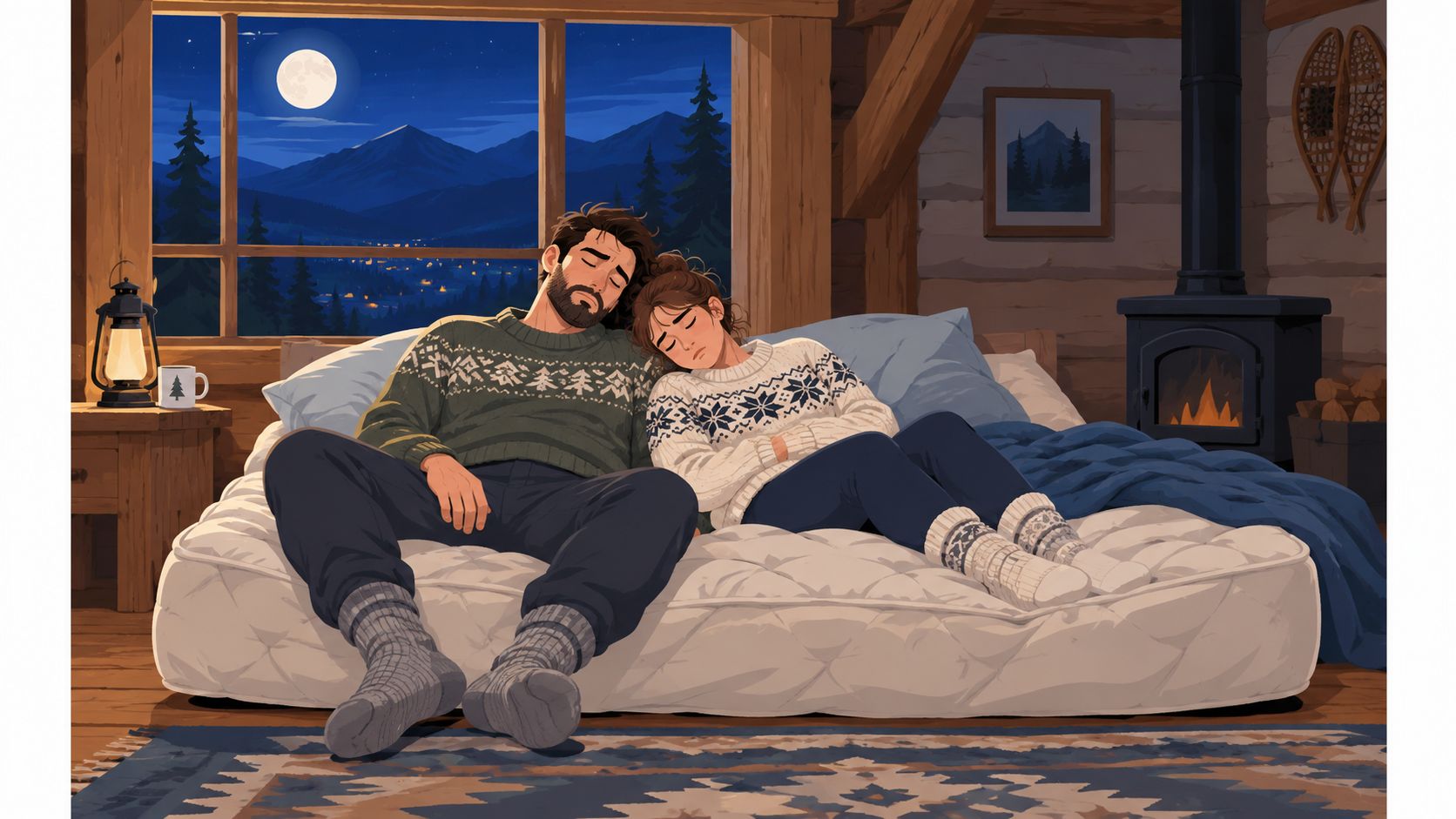 A couple sleeping together comfortably on an innerspring mattress in a cozy cabin at night.