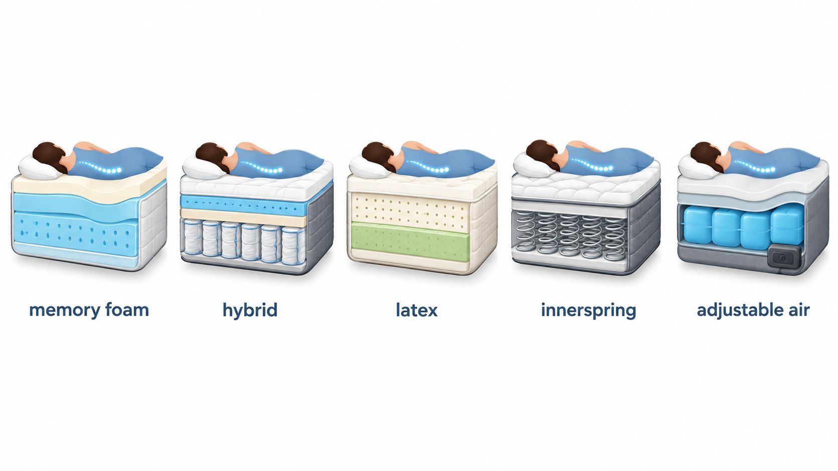 An illustration comparing cross-sections of five different mattress types including memory foam, hybrid, latex, innerspring, and adjustable air.